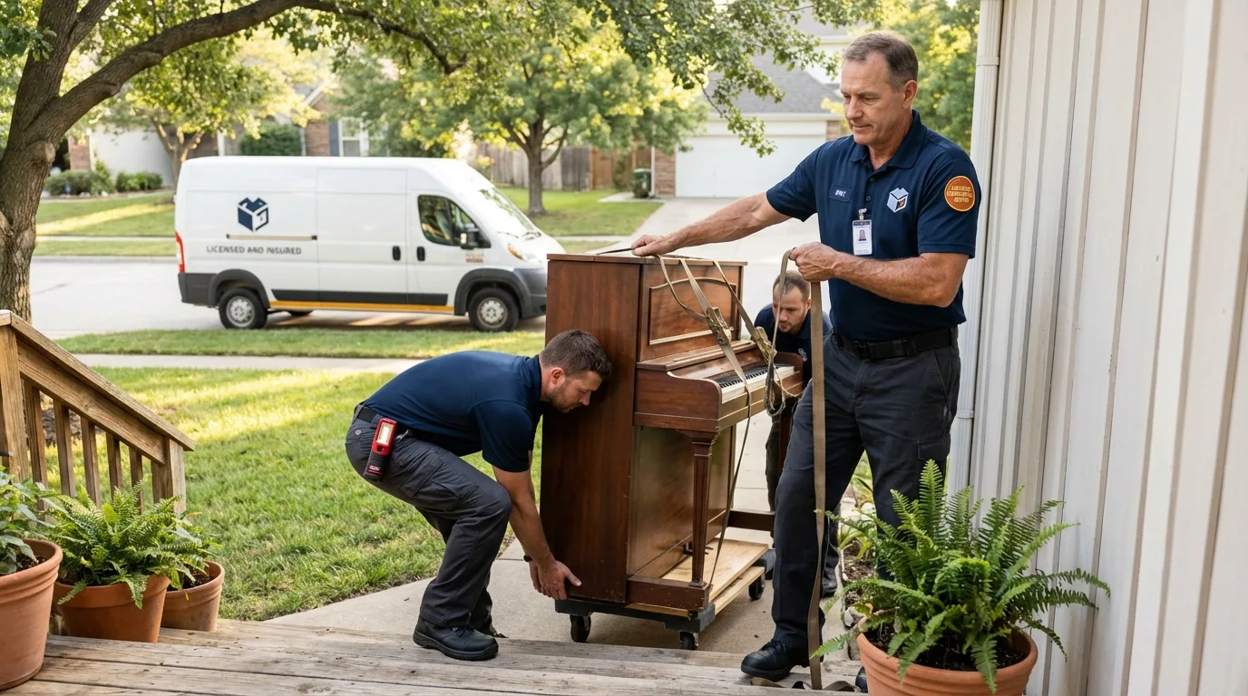 Licensed piano movers securing grand piano in Eagle Butte, SD