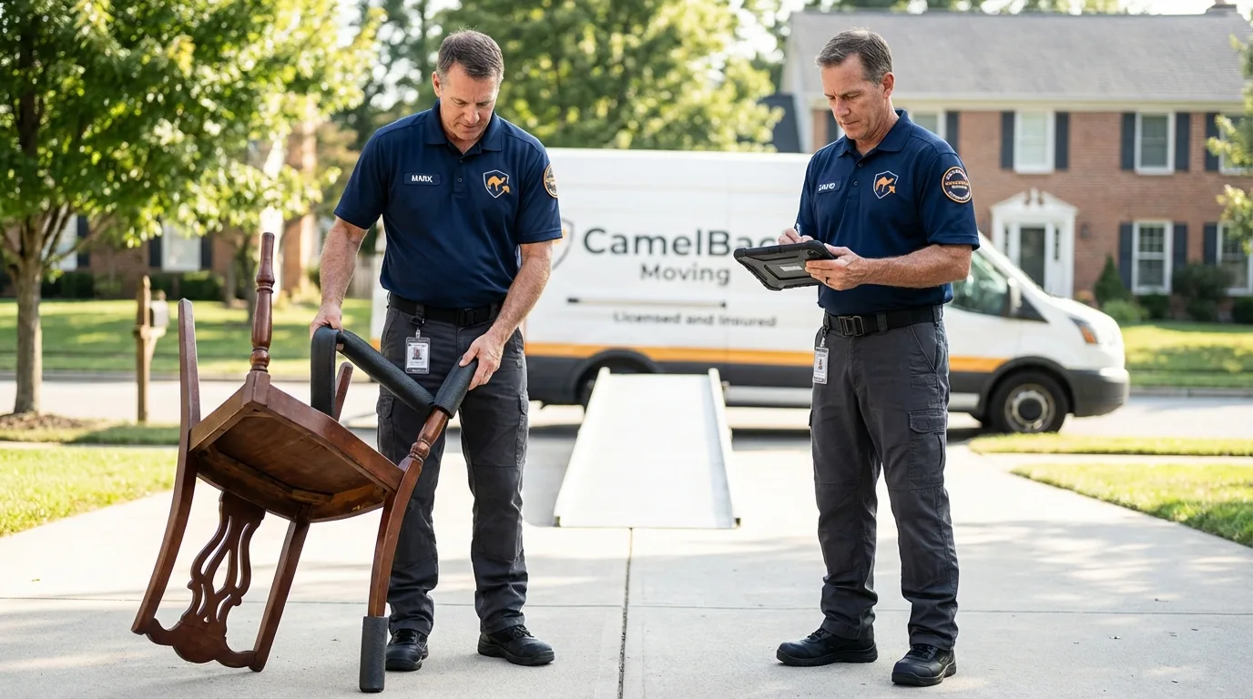 Movers inspecting furniture for damage prevention before loading in Eagle Butte, SD