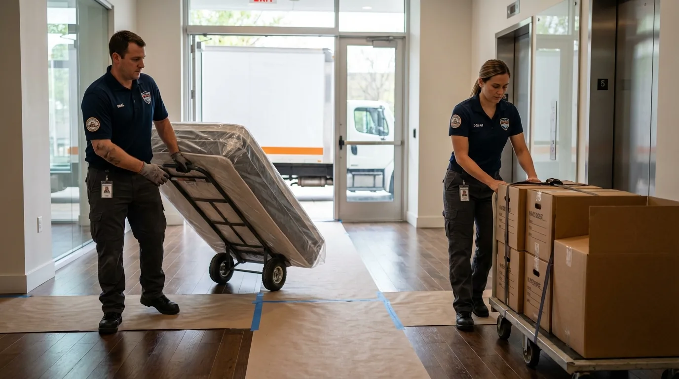 Professional apartment movers loading elevator in Eagle Butte, SD